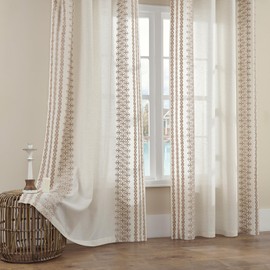 Sheer Curtains 72 Inches Long 2 Panels Set Vintage Farmhouse Curtains for Living Room Bedroom Grommet Embroidered Semi Sheer Window Curtains Flax Fabric Drapes French Country Decor, 52x72 Taupe