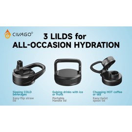 CIVAGO 40 oz Insulated Water Bottle With Straw, Stainless Steel Sports Water Cup Flask with 3 Lids (Straw, Spout and Handle Lid), Double Walled Travel Thermal Canteen Mug, Midnight Black