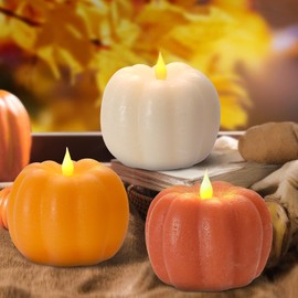 3PCS Fall Flameless Pumpkin Candles - Battery-Powered Flickering Candle with Timer Remote Control, Thanksgiving Gifts, Autumn Farmhouse Rustic Harvest Decor for Tiered Tray Table Indoor