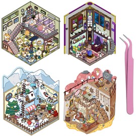 Bifarde 4 Sets DIY 3D Mini House Scenes Stickers with Tweezers, Make Your Own Time Space Magic House Fitness Mouse Club Snow World Shipwreck Treasure-Room Craft Sticker for Relief Stress Pass The Time