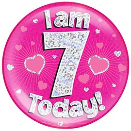 OAKTREE UK 633087 6" Jumbo Badge I am 7 Today Pink Holographic Dot