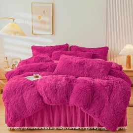 ERLOXO Fluffy hot Pink Comforter Cover Set Queen ，Fluffy Fuzzy Plush hot Pink Bedding 3Pcs (1 Faux Fur Duvet Cover +2 Faux Fur Pillowcases) hot Pink Fluffy Bed Set(Hot Pink, Queen)