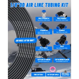 EilxMag 1/8" Air Line Tubing Kit, 100FT(30M) SAE J844 PA Nylon Air Hose Tubing with Cutter and Teflon Tape, 1/8" Air Hose with Push to Connect Fittings for Air Brake System Or Fluid Transfer(45PCS)