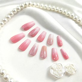 Pink Press on Nails Short Coffin Fake Nails with Glitter Designs Gradient Nails Press ons Glossy Glue on Nails Daily Wear Simple False Nails White Acrylic Nails Stick on Nails for Women 24Pcs