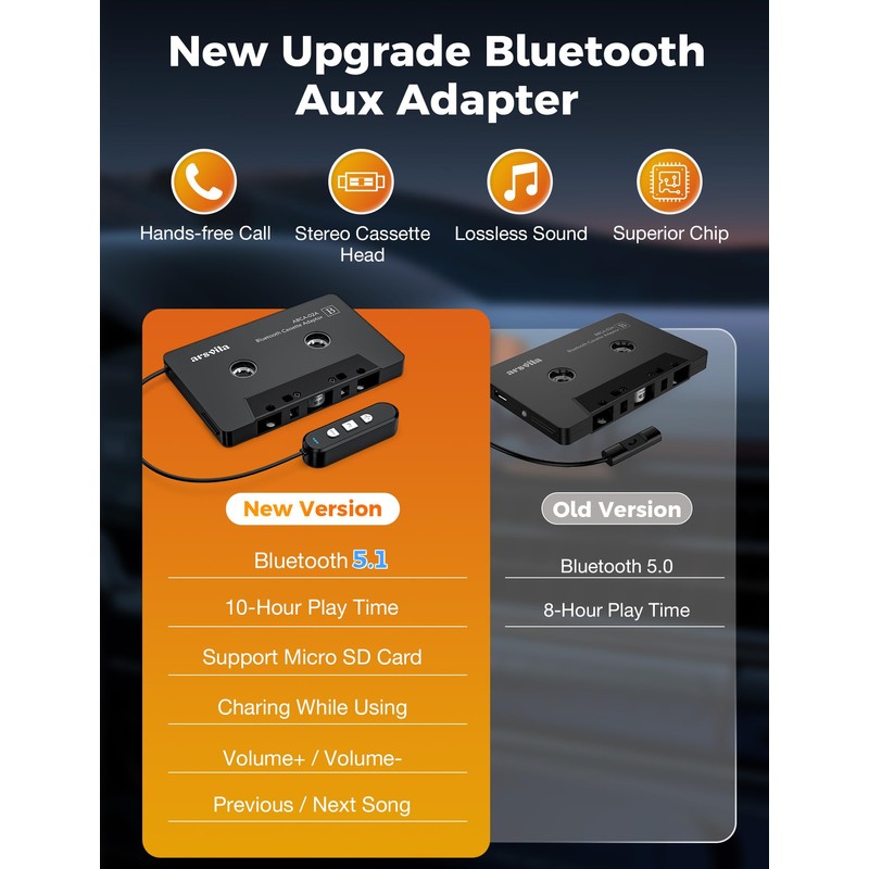 arsvita 5.1 Bluetooth Cassette Adapter, Car Audio Bluetooth Cassette Receiver,