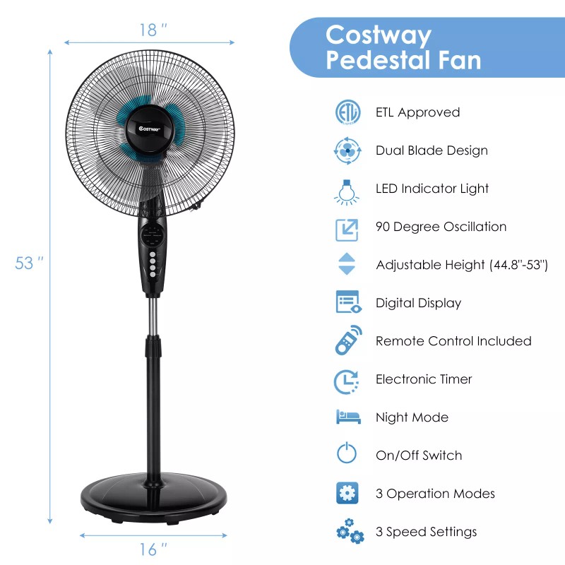 Costway 16'' Adjustable Oscillating Pedestal Fan Dual Blades LED Screen