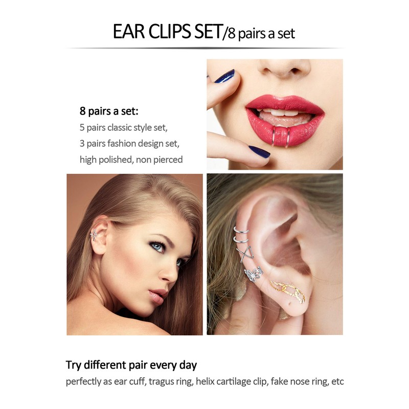 Blulu 8 Pairs Stainless Steel Ear Cuff Non Piercing Clip