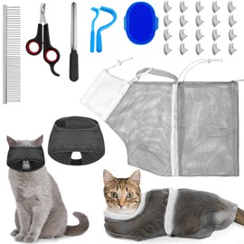Kritkin 9 Pcs Cat Bathing Bag Set Cat Shower Bag Anti Bite and Scratch for Pet Grooming Washing Brush Comb Muzzle Nail Clipper Nail File Tick Tool(Blue, Gray)