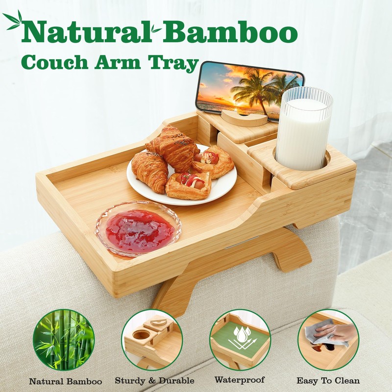 GHKINMAL Bamboo Couch Cup Holder, 4 in 1 Couch Arm