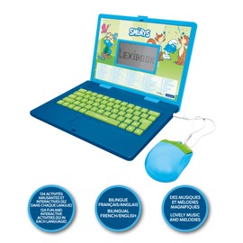 Lexibook, The Smurfs Educational Computer Bilingual French/English Toy for Kids with 124 Languages Writing, Math, Logic, Music and Games, Blue, JC598SFi1