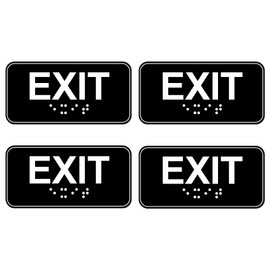 4pcs Exit Sign with Braille, 6x3in Emergency Exit Sign for Business ADA Compliant Plastic Exit Warning Signage with Adhesive Mounting Strips for Indoor Outdoor Office