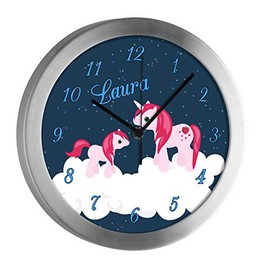 CreaDesign Children's Radio-Controlled Wall Clock with Name, Children's Room Radio-Controlled Clock, with Analogue Dial, Low Noise, Children's Wall Clock, Unicorn Motif
