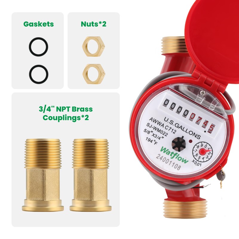 Watflow DN20 Water Meter 3/4" NPT, Gallon Water Flow Meter