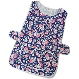 Ladies Floral Home Work Tabard Apron with Single Large Front Pocket, White Piping and Side Fastening Button Tabs