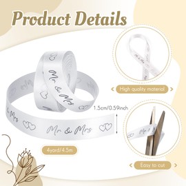 Xinnun Wedding Ribbon 4.5 m x 15 mm Mr & Mrs Decorative Wedding Gift Ribbon Heart Decorative Ribbon Wedding Ribbon for Wedding Decoration Wedding Invitations Bridal Bouquets Gift Packaging DIY
