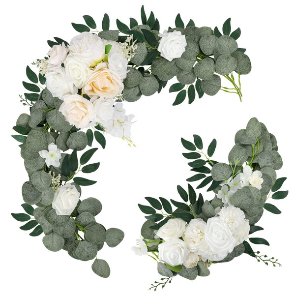 COCOBOO Artificial Flower Swag Wedding Arch Decor 2pcs Rose Flower Swag Arrangements for Wedding Reception Backdrop Table Decorations Welcome Sign (Champagne White)