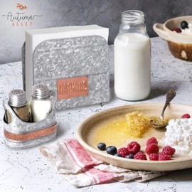 Autumn Alley Galvanized Farmhouse Napkin Holder - Rustic Vintage Style for Kitchen or Dining – Upright Napkin Holder – Pretty Embossing And Copper Label Add Farmhouse Warmth