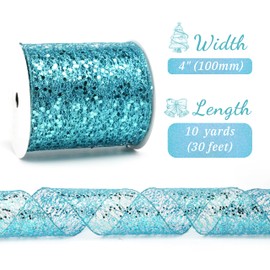 LIZLOVESS Teal Glitter Mesh Wired Ribbon 4" X 10 Yards Webbed Teal Sequin and Glitter Christmas Ribbon for Tree Decoration, Garlands and Swags, Home Decor, Craft Projects, Wreath Supplies