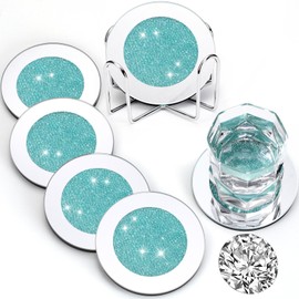 Jetec Crushed Diamond Decor Glass Coaster Coasters Set of 6 with 1 Holder, Crystal Mirrored Coasters Glitter Crushed Diamond Decoration Rhinestone Decor for Kitchen Bar Home(Mint Green)