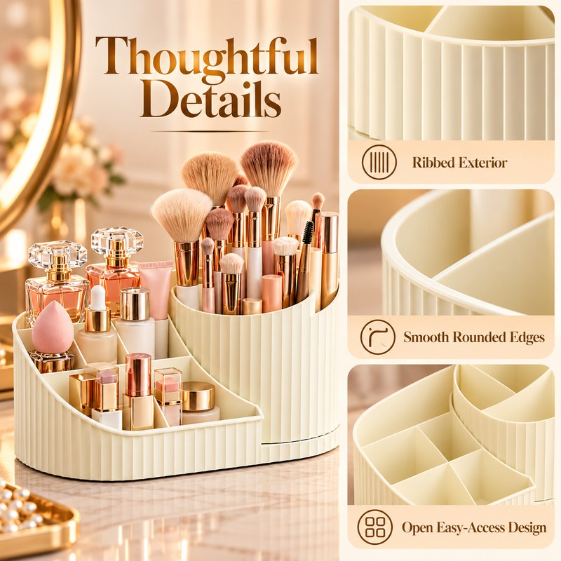 360° Rotating Makeup Organizer for Vanity – Multi-Compartment Cosmetic Storage