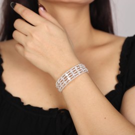 Denifery Sparkly 5 Rows Rhinestone Crystal Multilayer Arm Cuff Cubic Zirconia Bangle Bracelet for Women Costume Jewelry Formal Wedding Party (Silver)