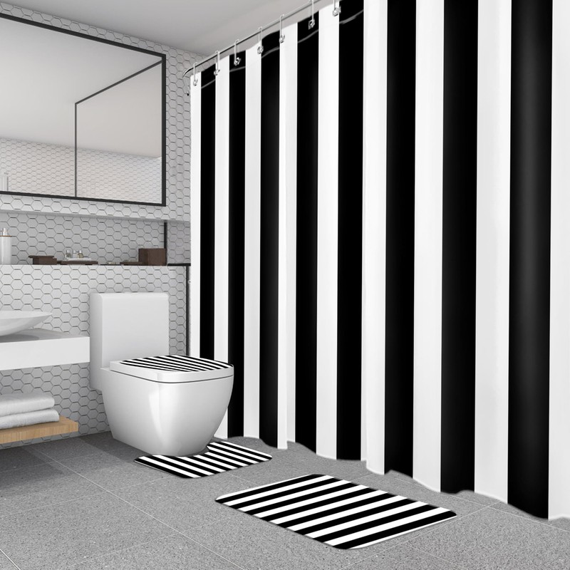 MYUSRE 4 Piece Black and White Striped Shower Curtain Set