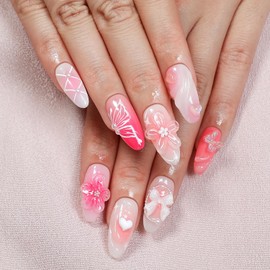 Handmade Press on Nails Pink Medium Almond Fake Nails with 3D Flower Butterfly and Bow Design Luxury Pearl Water Ripple Thick Stick on Nails Muti-Layer Gel Acrylic Nails for Women Nail Art (Size M)
