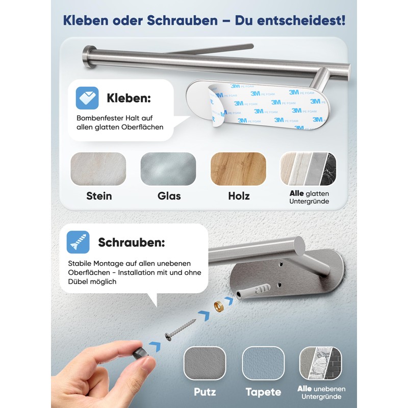 WOHNHELD® Kitchen Roll Holder No Drilling [With Roll Brake for