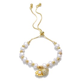 Lunestral Ocean Charm Bracelet 14k Gold Plated Pearl and Sea Shell Pendant- Boho Beach Themed Adjustable Women Trendy Link Bracelet Summer Beach Fashion Jewellery Gift (Pearl Shell)