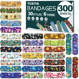TUXIYA 300 Pack Kids Cartoon Bandages,30 Styles 6 Cartoon Themes Adhesive Bandages Kids,Colorful Bandage Flexible & Waterproof Adhesive for Minor Cuts and Scrapes