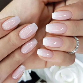 Ztcily Long Coffin False Nails White and Pink, French Naturel Nude False Nails with Glue, Ballerina Press on Nails Women and Girls