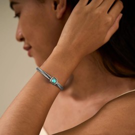 ORATIGOR Cable Cuff Bracelet for Women Twisted - Silver Cable Wire Bangle Bracelet Two Tone - Blue Crystal Bracelet Lightweight Jewelry Gifts (Blue)