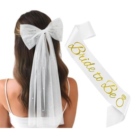 2PCS Bridal Pearl Bow Veil Bride To Be Sash Bachelorette Veils and Sashes Bridal Shower Accessories for Engagement Wedding Party