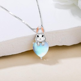 BETHZA Moonstone Bunny Necklace 925 Sterling Silver Rabbit Heart Pendant Necklace Bunny Pendant Necklaces Gift for Women Daughter