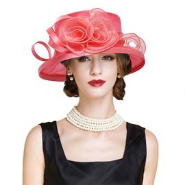 HIMESPORT Flower Bride Wedding Fascinator Hat for Women Bucket Hat Banquet Cocktail Tea Party Wide Brim Bowler Cap Red