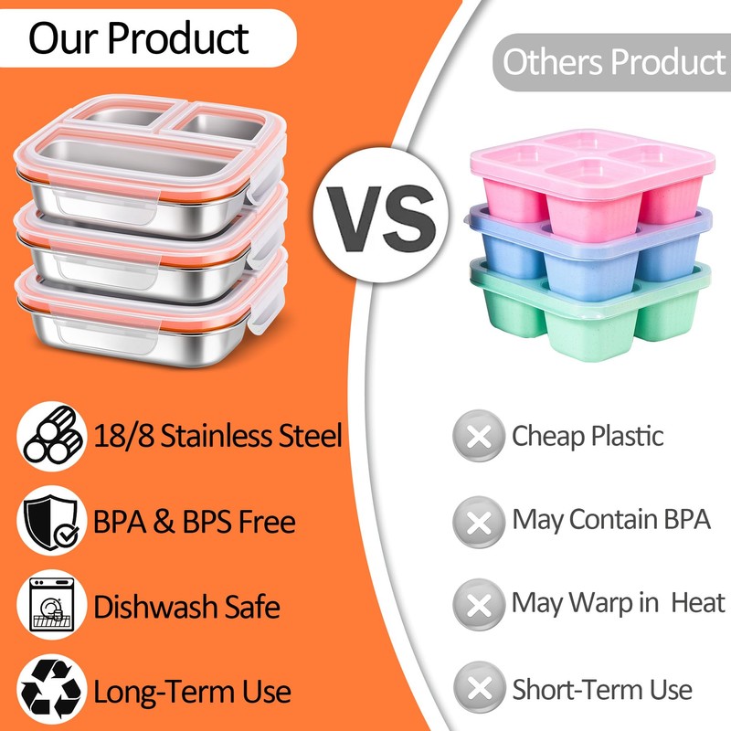 3-Pack Stainless Steel Snack & Lunch Containers for Kids &