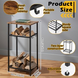 Fiwochic 2-Tier Winter Firewood Rack with Tabletop 4 Hooks Indoor Outdoor