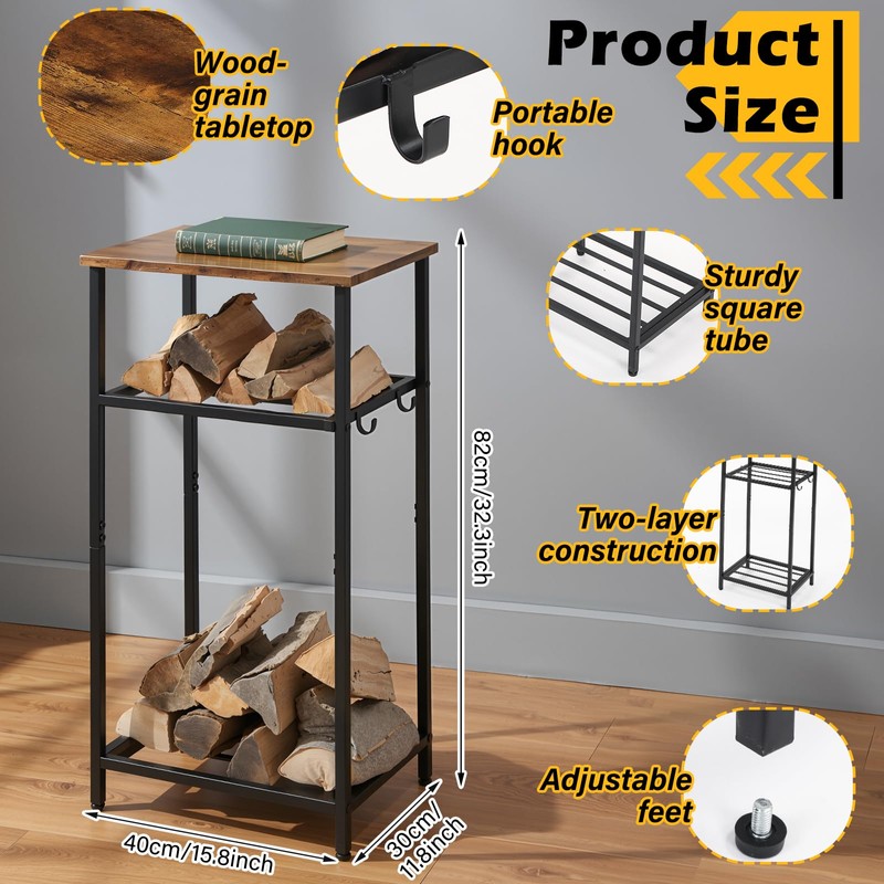 Fiwochic 2-Tier Winter Firewood Rack with Tabletop 4 Hooks Indoor