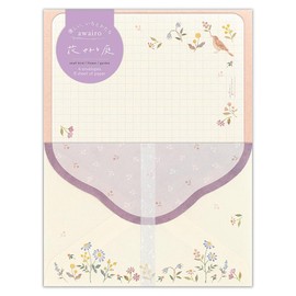 [A5 Letter Set of 8 Stationery and 4 Envelopes] Enuby, Awairo, Flower Swinging | Stationery Envelope Set, Book Paper, Washi, Small Birds, Flowers, Purple, Purple
