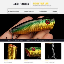 DAMIDEL 5 Pcs 2.75in/12g Popper Fishing Lures Fishing Lure Baits Kit Crankbait Minnow Hard Lure with Treble Hooks for Saltwater Freshwater Bass Trout Walleye Carp