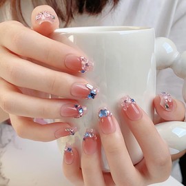 Pure Handmade Nails Press on Nail Reusable Fake Nails Red Flower Rhinestones Bling Bling Medium Stick on Nails French Tip False Nails 10pcs (M, Q050)