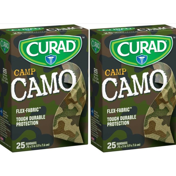 Curad Camp Camo Flex-Fabric Bandages- 25 Ct- Green/Tan/Brown- NEW.Pack of 2.