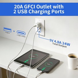 20A GFCI Outlet with USB Ports(Type A & C, 4.8A/24W Total Output), GFI Electrical Outlet with 2 USB Charging Ports- Self-Test Tamper-Resistant with LED Indicator, ETL Listed, White, 2 Pack