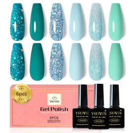 YSUVIN Semi-Permanent Nail Polish, 6 Colors Cyan Green Blue Glitter Green Semi-Permanent Nail Polish, Soak Off UV/LED Lamp Nail Art Gel Nail Set, 8ml