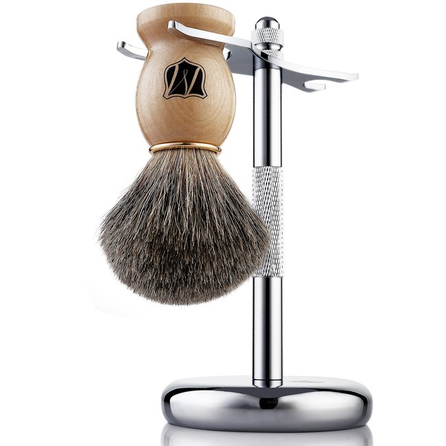 Miusco Natural Badger Hair Wet Shaving Brush and Stand Set, Chrome, Silver, Compatible with Safety Razor and Gillette Razor