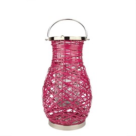 Northlight 16.25" Modern Fuchsia Pink Decorative Woven Iron Pillar Candle Lantern with Glass Hurricane