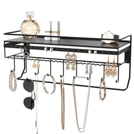 JackCubeDesign Gothic Wall Mounted Jewelry Organizer - Hanging Necklace, Earring, Bracelet Holder with Hooks and Shelf - Goth Room Decor, Iron Jewelry Display Storage Rack for Bedroom & Closet-MK238A