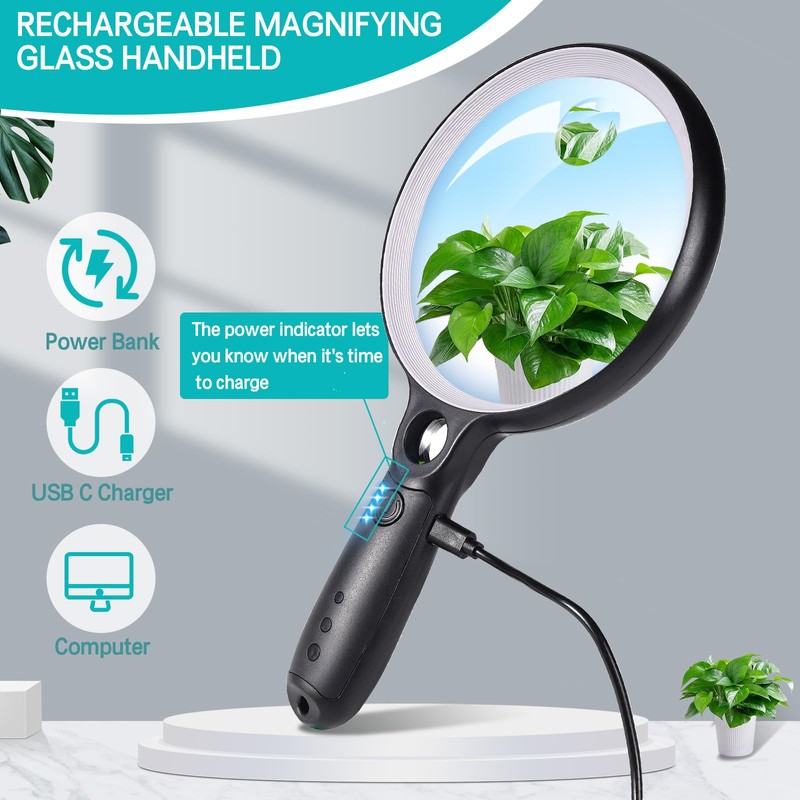 Large Magnifying Glass with 37 LED Light and Case, 10X