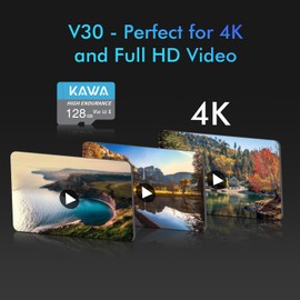 KAWA 128GB Micro SD Card, High Endurance Video Monitoring Card, microSDXC Flash Memory Card, A1, U3, Class10, V30, High Speed TF Card for DashCam, Security Camera, Phones, Tablets, Drones