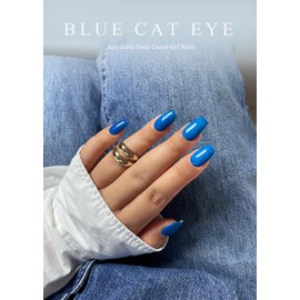 AutyaMee Semi Cured Gel Nail Strips (Blue Cat Eye)-20 PCS Gel Nail Wraps | Gel Nail Stickers, Salon Quality & Easy to Use | UV Light Required